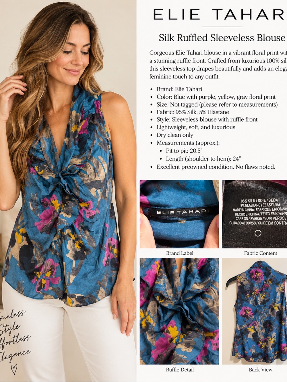 Elie Tahari Silk Floral Ruffle Sleeveless Blouse Blue Purple 95% Silk